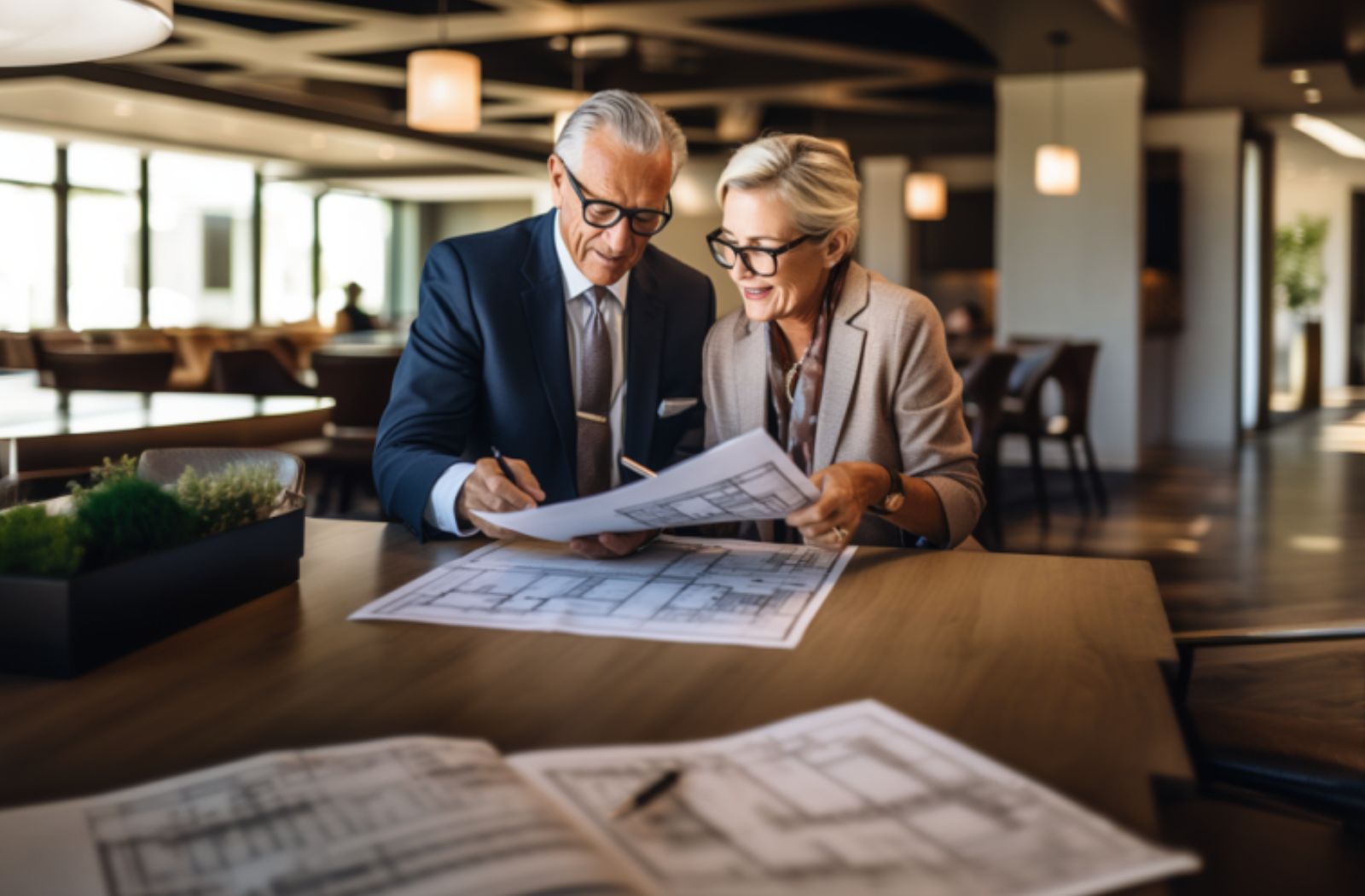 two developers look at blueprints for a memory care community